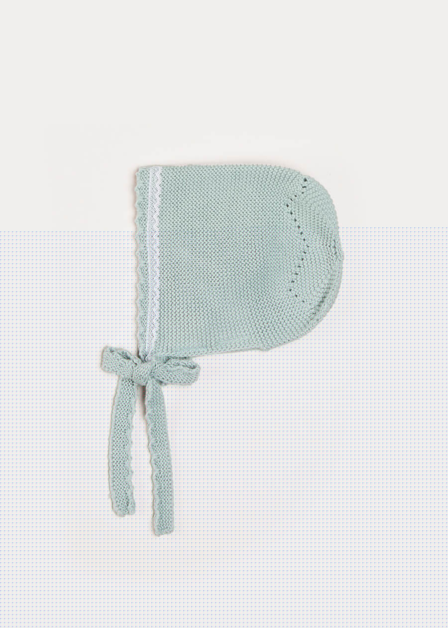 Lace Detail Knitted Bonnet in Green (1-12mths) Knitted Accessories from Pepa London