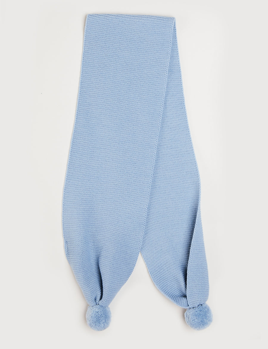 Merino Wool Pom Pom Scarf In Blue KNITTED ACCESSORIES  from Pepa London