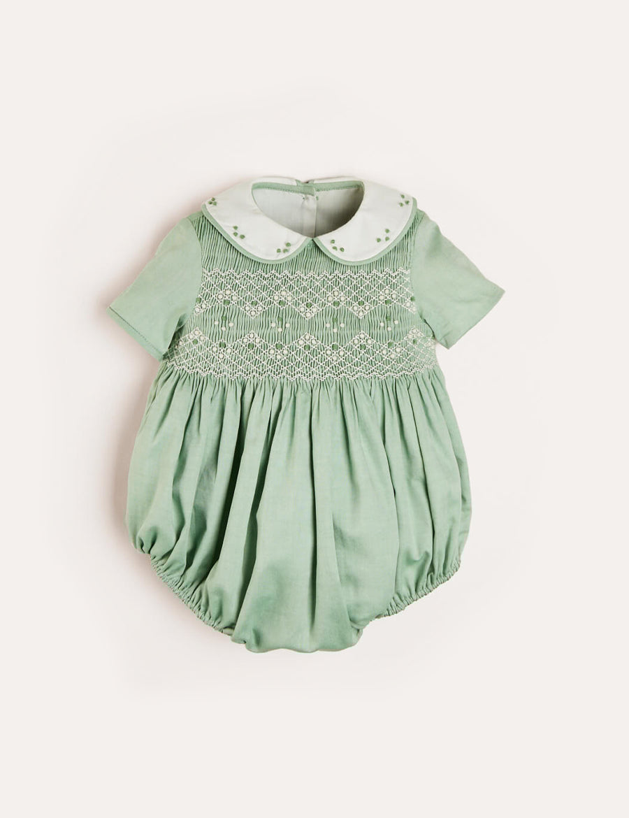 Peter Pan Collar Hand Smocked Short Sleeve Romper in Green (3mths-2yrs) Rompers from Pepa London