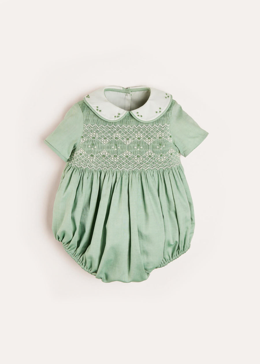 Peter Pan Collar Hand Smocked Short Sleeve Romper in Green (3mths-2yrs) Rompers from Pepa London