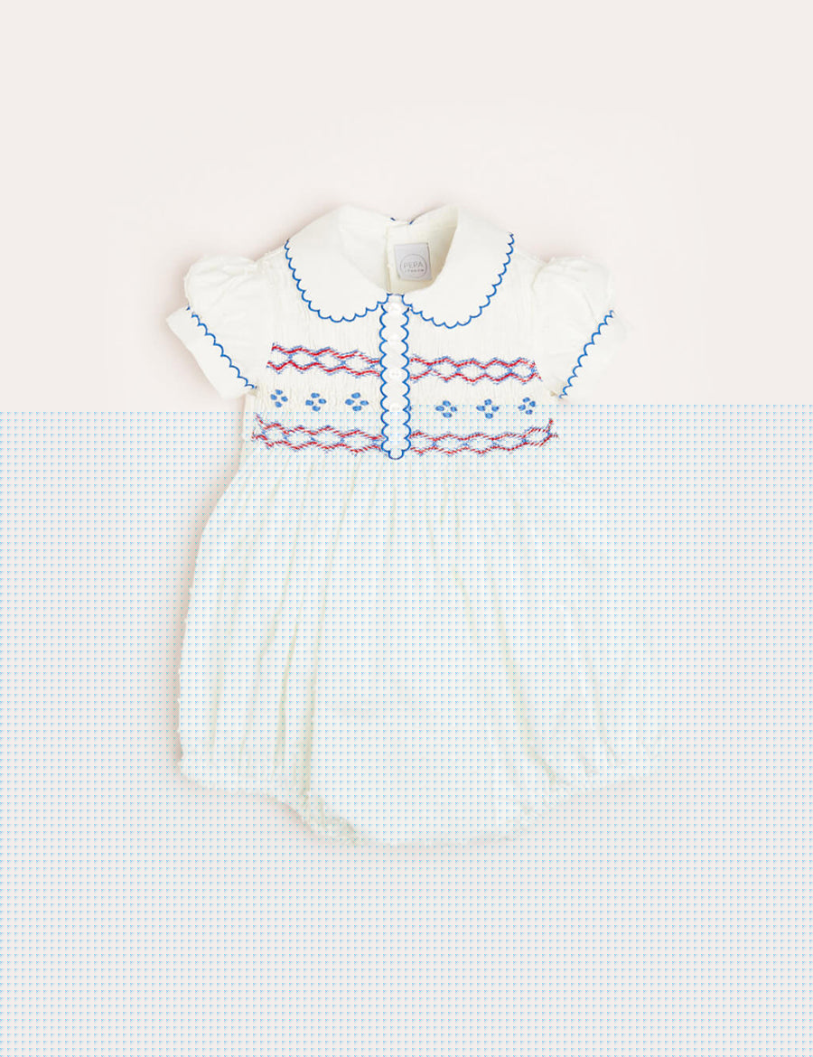 Scallop Collar Hand Smocked Short Sleeve Romper in White (6mths-2yrs) Rompers  from Pepa London