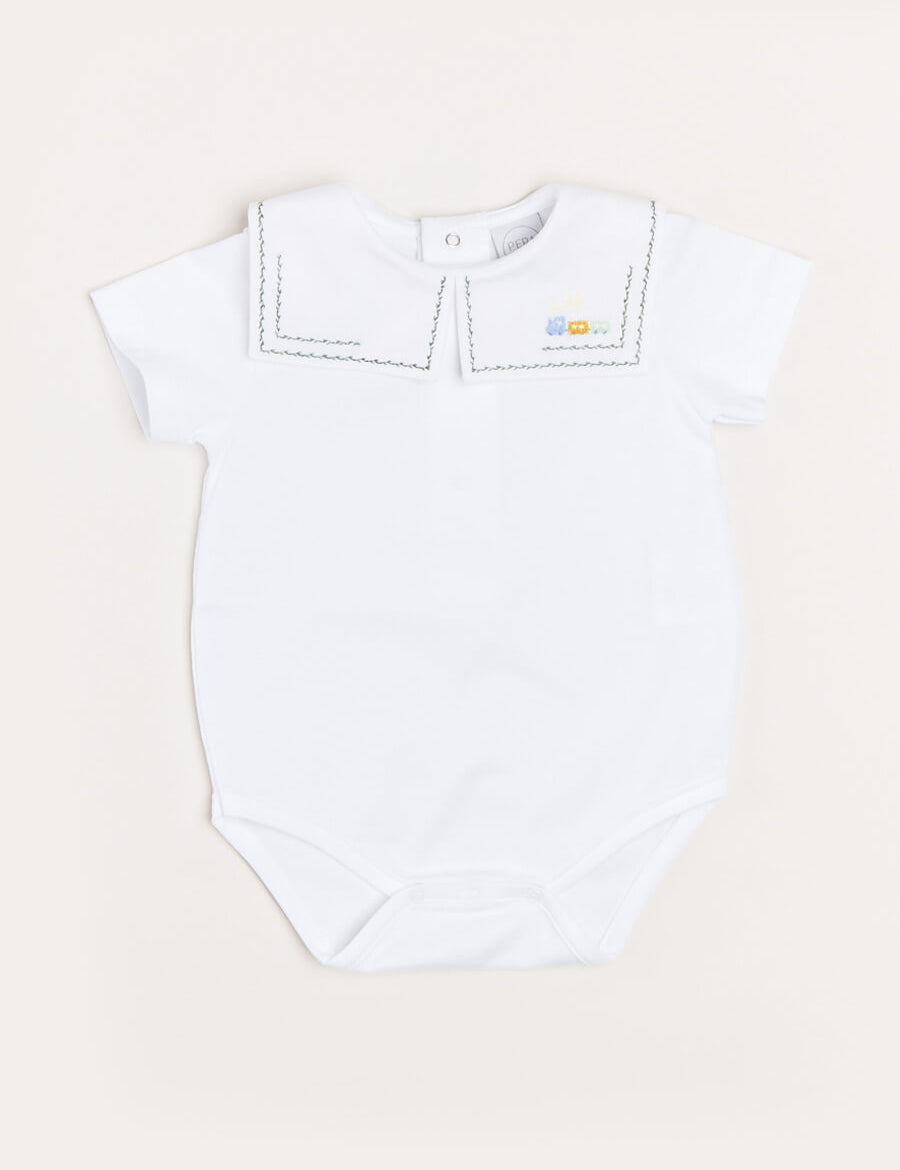 Train Embroidery Statement Collar Short Sleeve Bodysuit in Green (3mths-2yrs) Tops & Bodysuits  from Pepa London