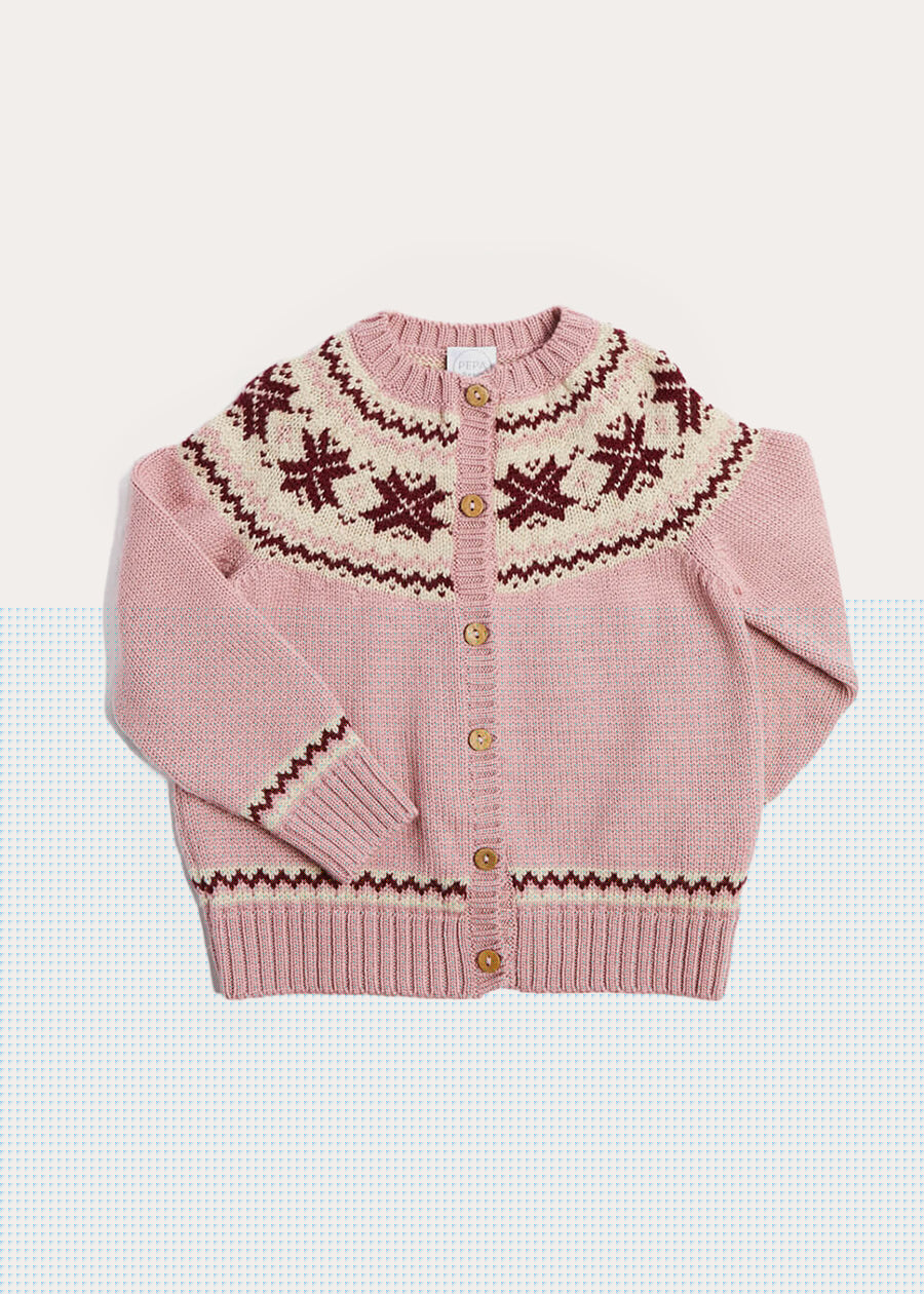 Classic Fair Isle Cardigan With Rib Details in Pink (12mths-10yrs) Knitwear from Pepa London