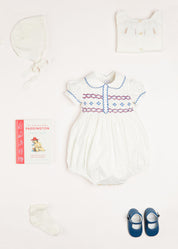 Scallop Collar Hand Smocked Short Sleeve Romper in White (6mths-2yrs) Rompers  from Pepa London