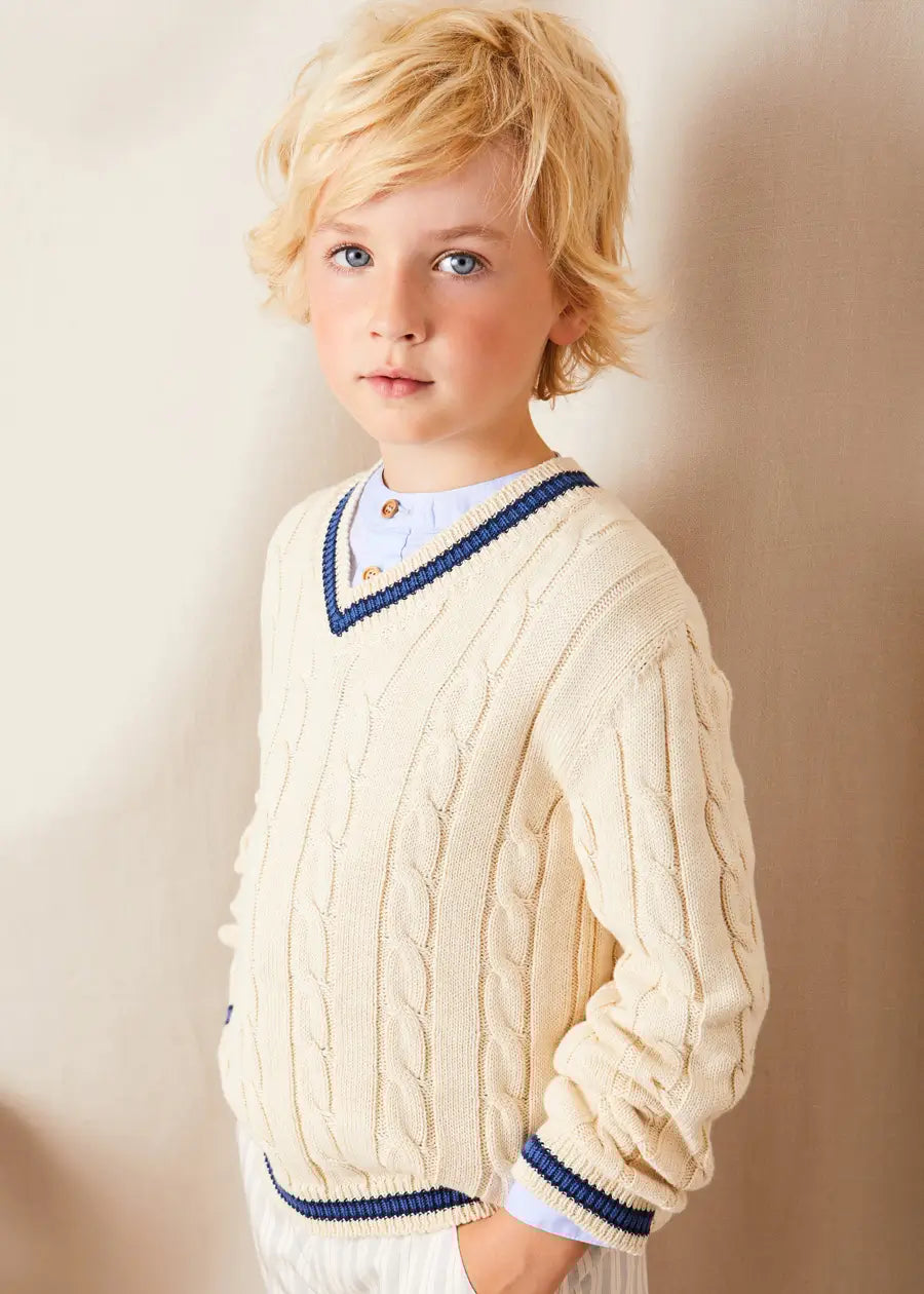 Cable Knit V-Neck Jumper in Cream (4-10yrs) Knitwear from Pepa London