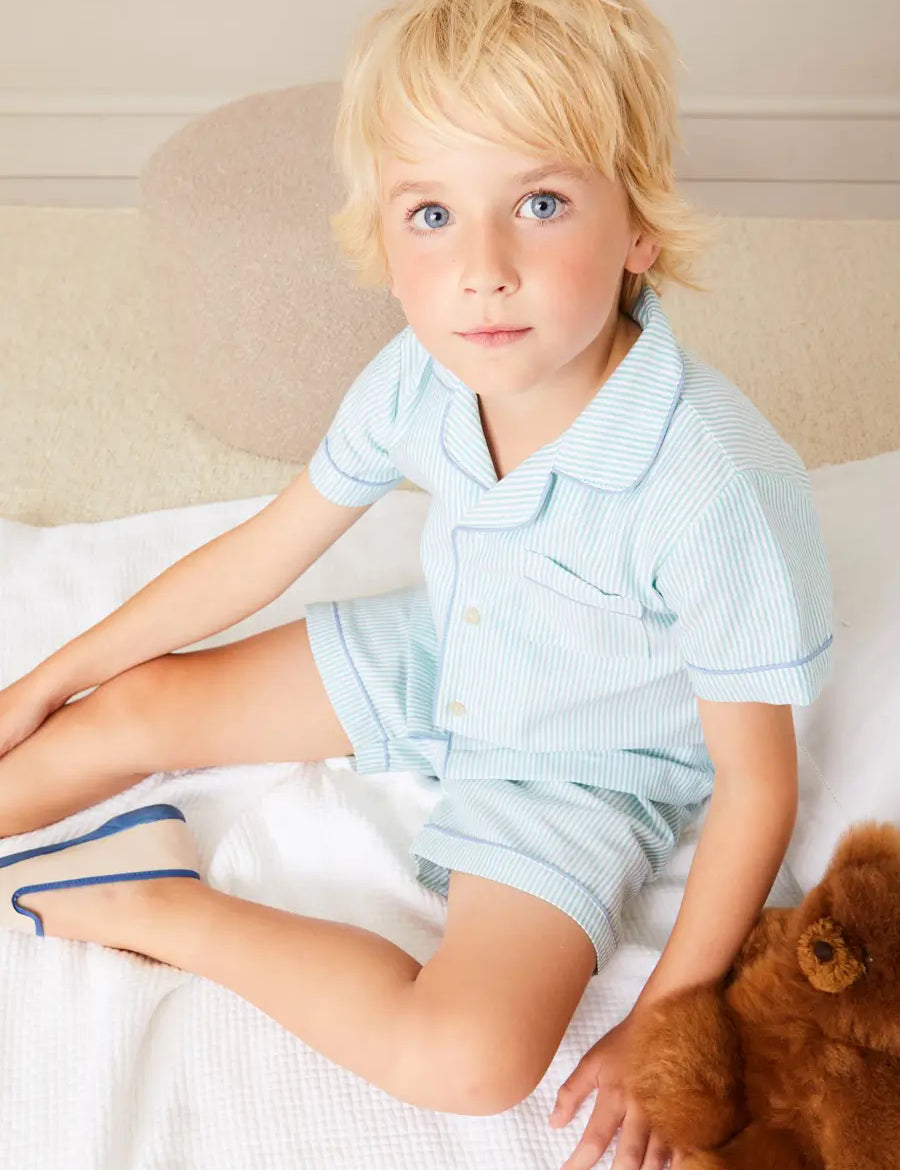 Rochester Striped Short Sleeve Pyjamas in Green (18mths-10yrs) NIGHTWEAR from Pepa London