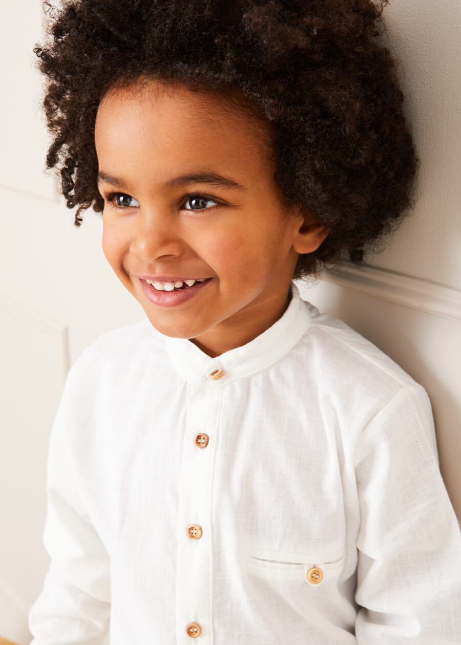 Linen Mao Collar Long Sleeve Shirt in White (12mths-10yrs) Shirts  from Pepa London