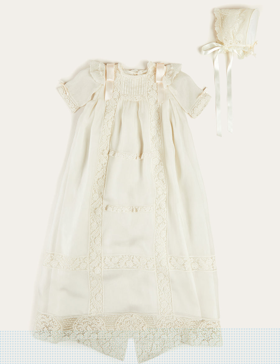 Bespoke Organza Silk Christening Gown With Antique Lace and Bonnet Made to order  from Pepa London