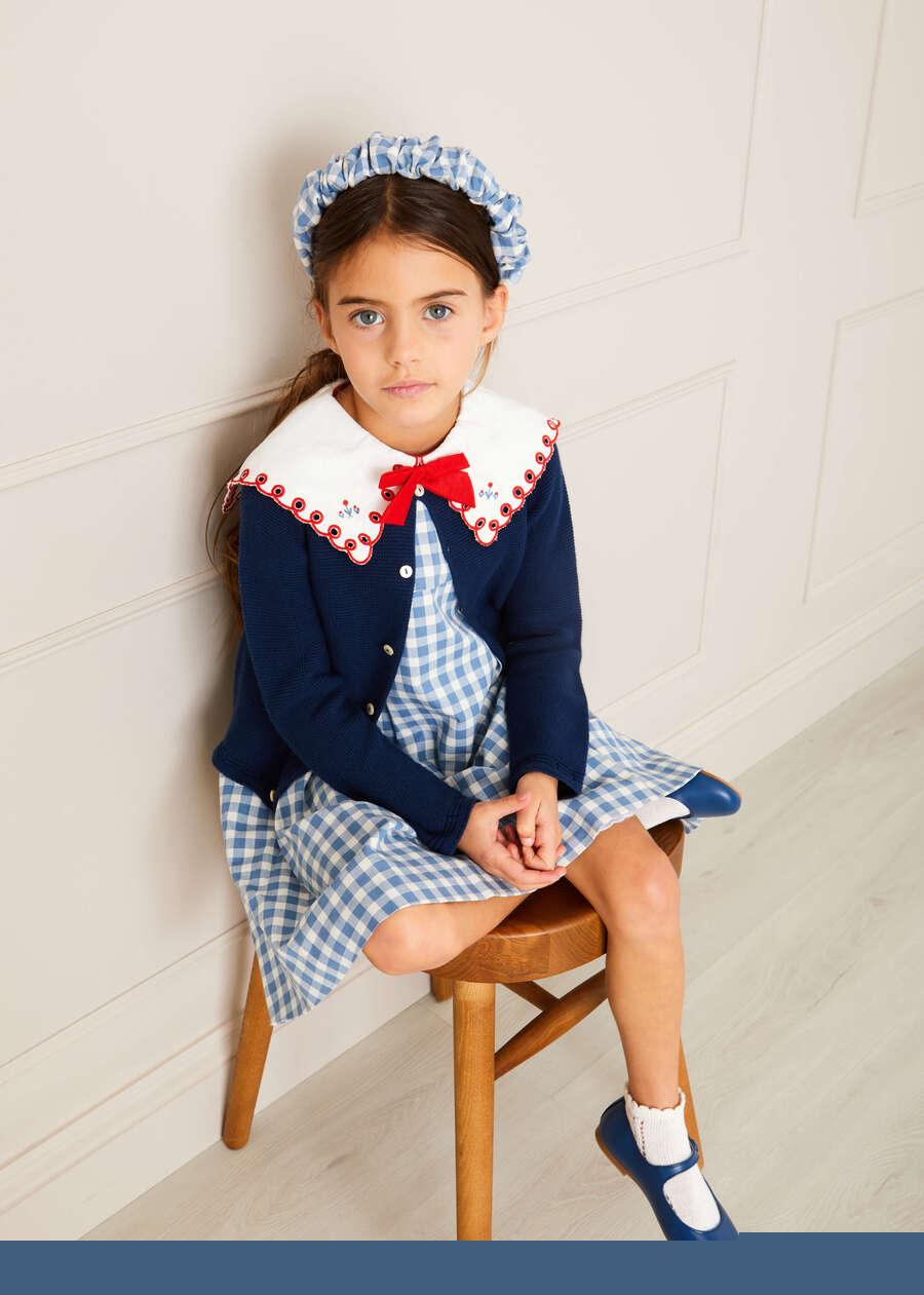 Embroidered Gingham Sleeveless Dress in Blue (12mths-12yrs) Dresses from Pepa London