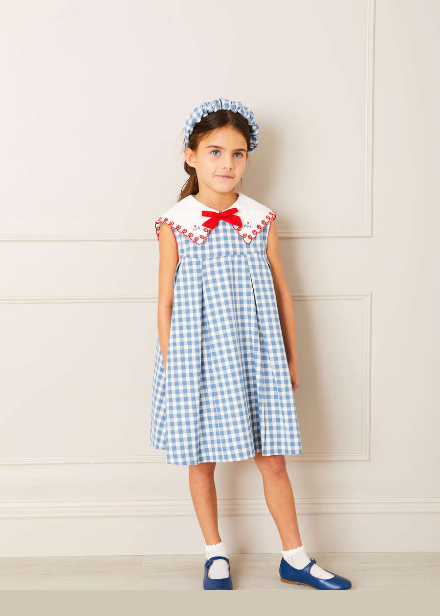 Embroidered Gingham Sleeveless Dress in Blue (12mths-12yrs) Dresses from Pepa London