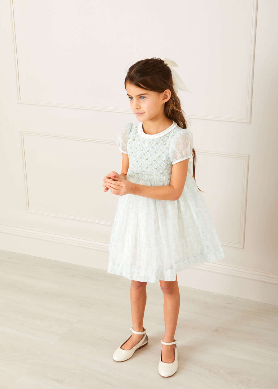 Constance Floral Print Hand Smocked Short Sleeve Party Dress in Light Green (12m-10yrs) Dresses from Pepa London