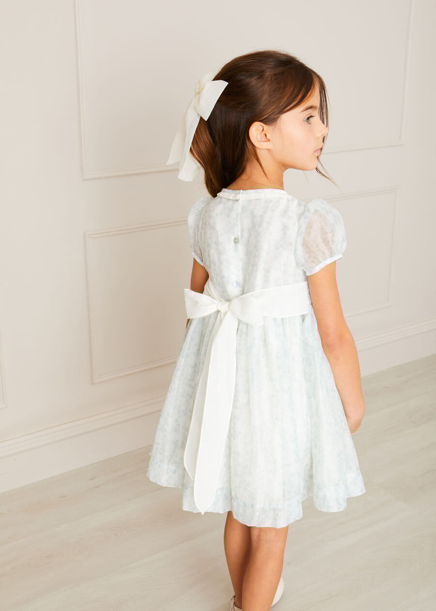 Constance Floral Print Hand Smocked Short Sleeve Party Dress in Light Green (12m-10yrs) Dresses from Pepa London