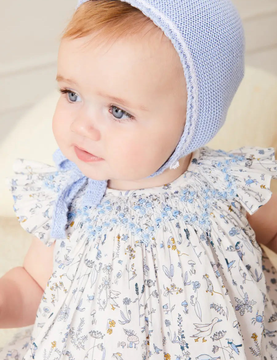 Lace Detail Knitted Bonnet in Blue (1-6mths) Knitted Accessories from Pepa London
