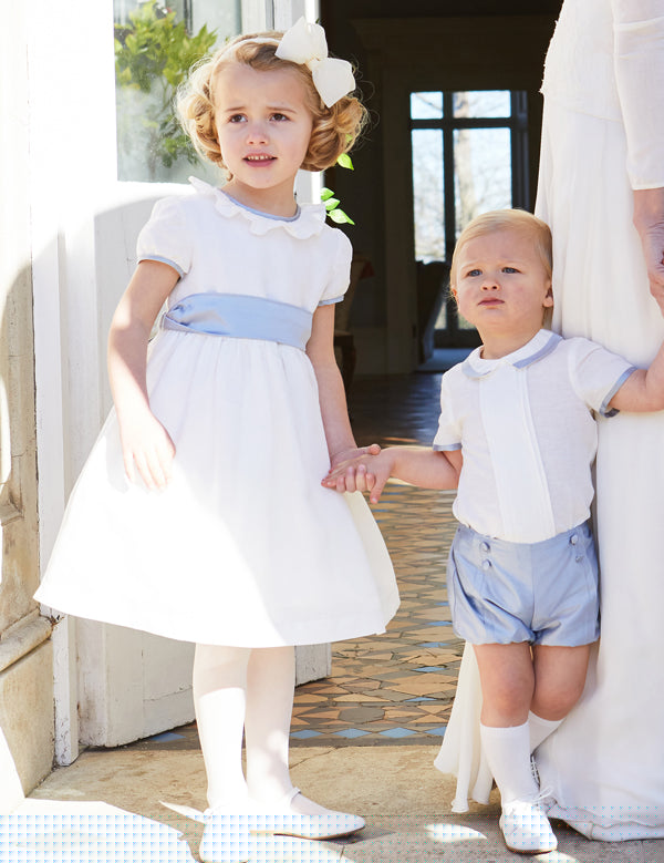 Flower Girl Ivory Dress with Blue Silk Sash (6mths-10yrs) Dresses from Pepa London