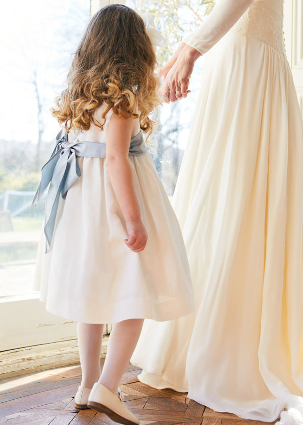 Sleeveless Ivory Flower Girl Dress with Blue Silk Sash (6mths-10yrs) Dresses from Pepa London