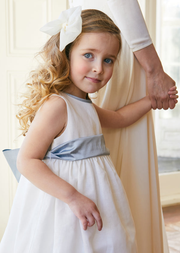 Sleeveless Ivory Flower Girl Dress with Blue Silk Sash (6mths-10yrs) Dresses from Pepa London