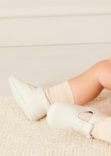 T-Bar Leather Pram Shoes in Ivory (17-20EU) Shoes from Pepa London