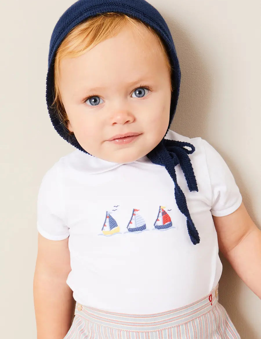 Embroidered Boat Motif Peter Pan Collar Bodysuit in White (1mth-3yrs) Tops & Bodysuits from Pepa London