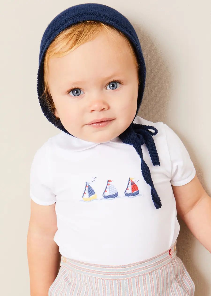 Embroidered Boat Motif Peter Pan Collar Bodysuit in White (1mth-3yrs) Tops & Bodysuits from Pepa London