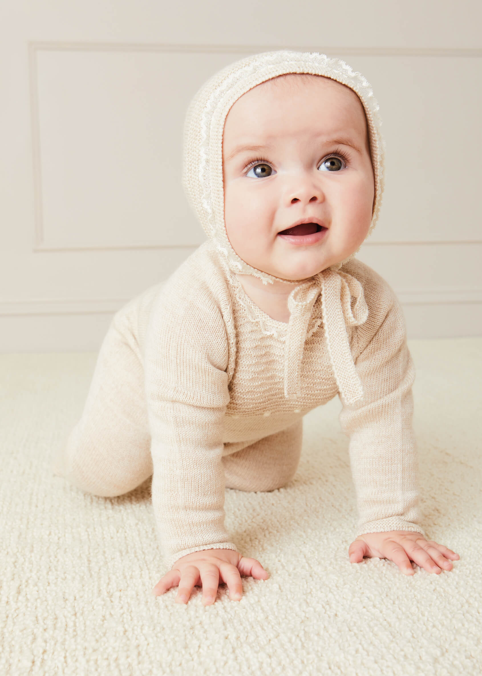 Knitted Lace Trim 2 Piece Set In Beige (1-6mths) ALL-IN-ONE  from Pepa London