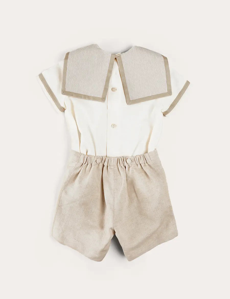 Waterford Stripe Mariner Collar Short Sleeve Two Piece Set in Beige (12mths-6yrs) TWO PIECE SETS from Pepa London
