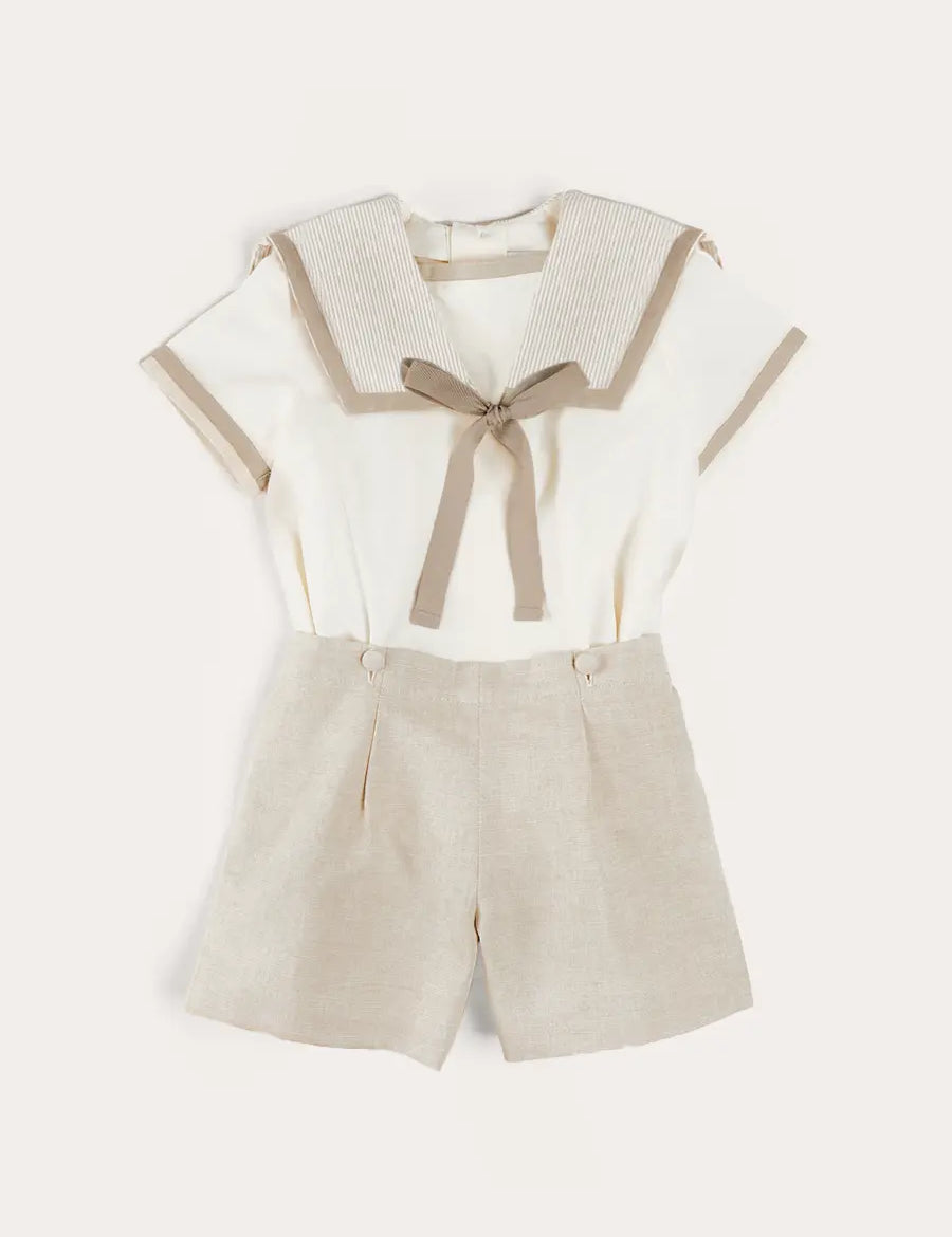 Waterford Stripe Mariner Collar Short Sleeve Two Piece Set in Beige (12mths-6yrs) TWO PIECE SETS from Pepa London