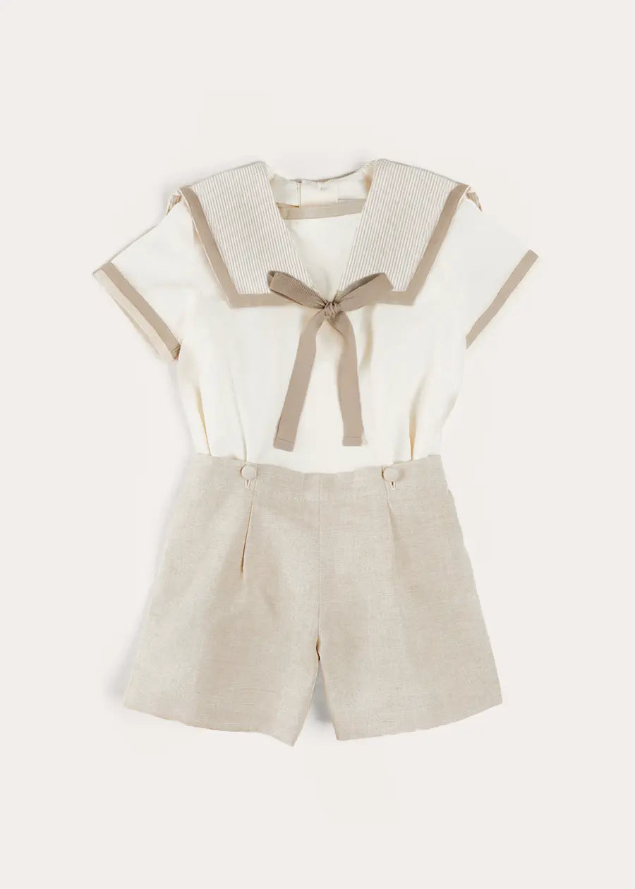 Waterford Stripe Mariner Collar Short Sleeve Two Piece Set in Beige (12mths-6yrs) TWO PIECE SETS from Pepa London