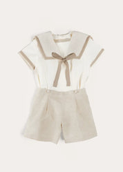 Waterford Stripe Mariner Collar Short Sleeve Two Piece Set in Beige (12mths-6yrs) TWO PIECE SETS from Pepa London