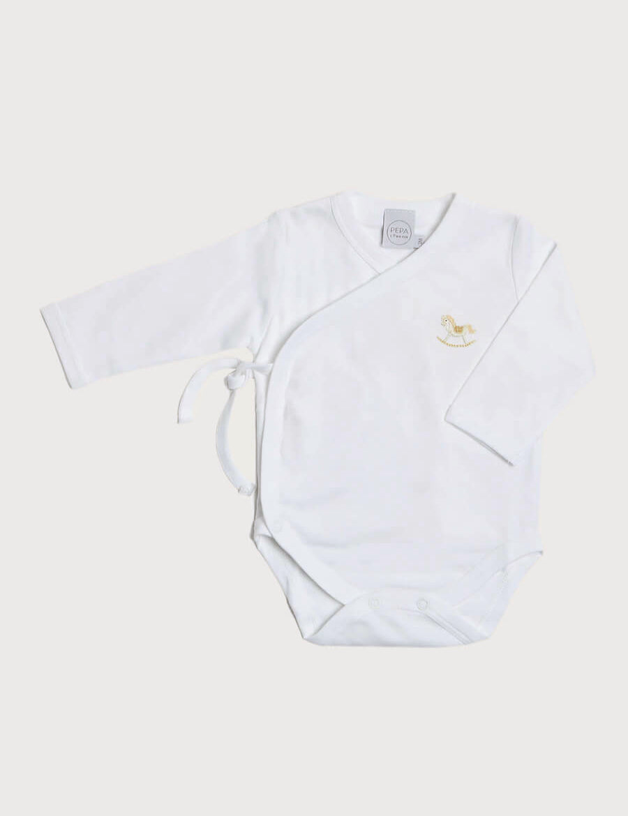 Newborn Side Tie Bodysuit With Rocking Horse Embroidery Beige (1-6mths) Tops & Bodysuits  from Pepa London