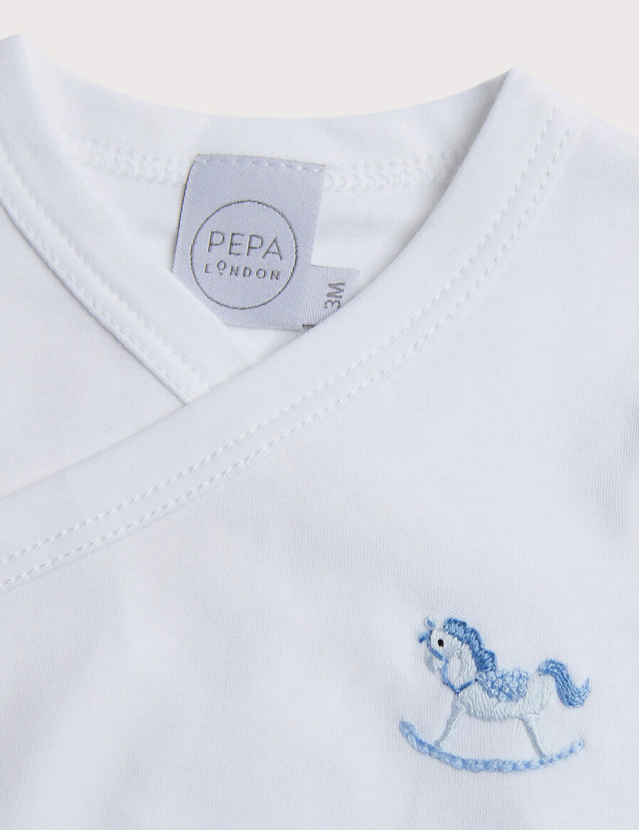 Newborn Side Tie Bodysuit With Rocking Horse Embroidery Blue (1-6mths) Tops & Bodysuits  from Pepa London