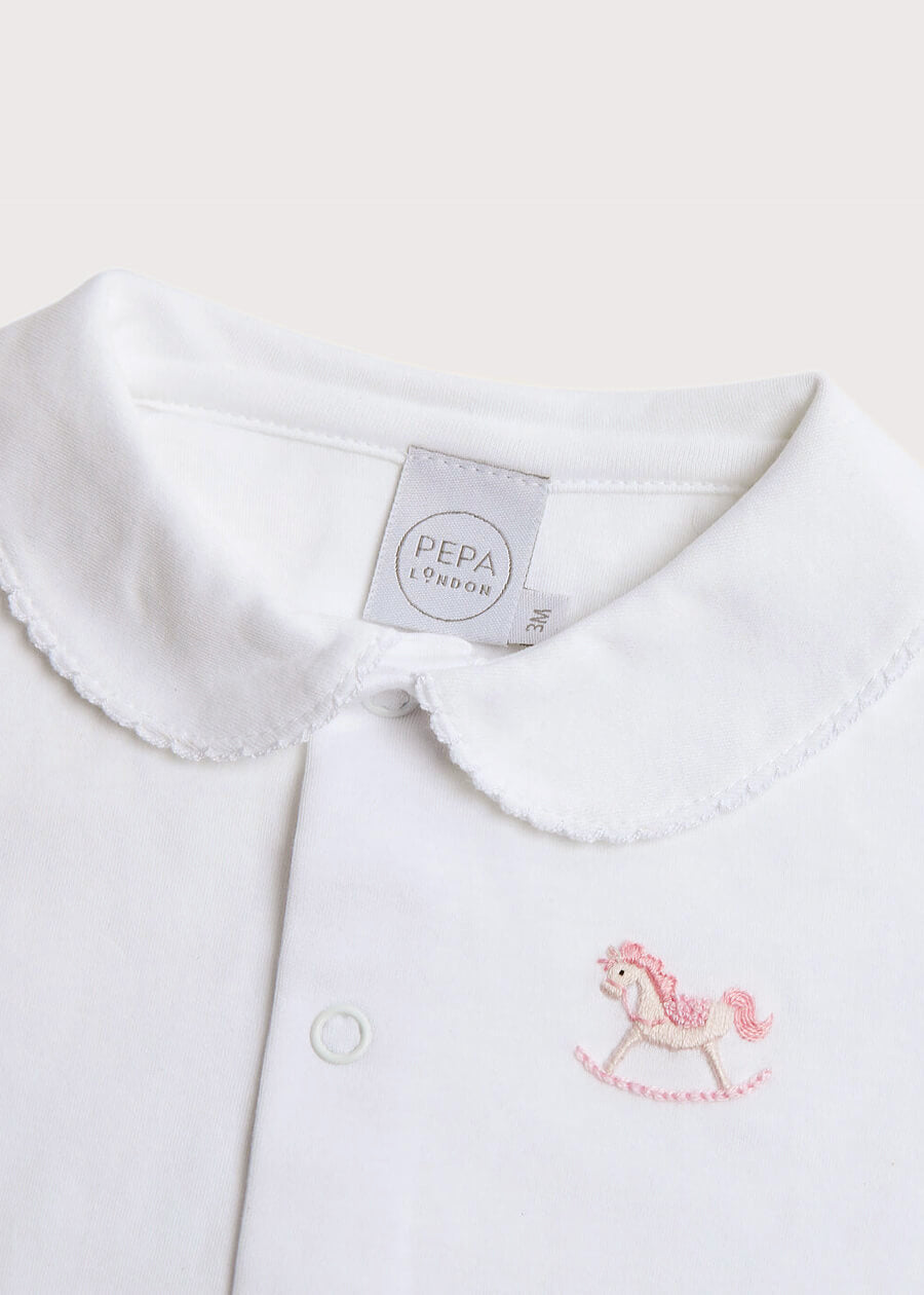 Newborn All-In-One With Rocking Horse Embroidery In Pink (1-6mths) Tops & Bodysuits  from Pepa London