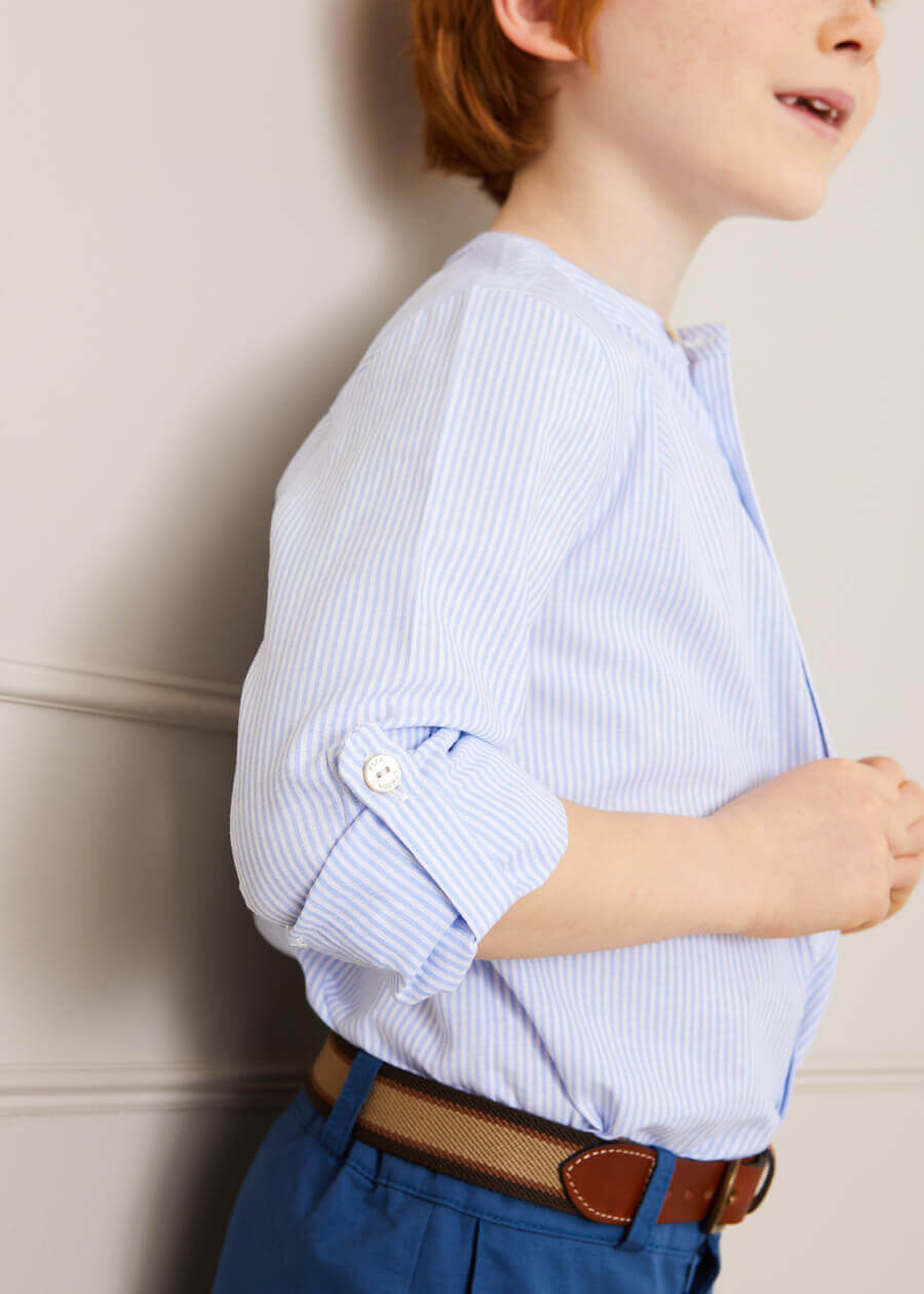 Striped Mao Collar Long Sleeve Shirt in Blue (4-10yrs) Shirts  from Pepa London