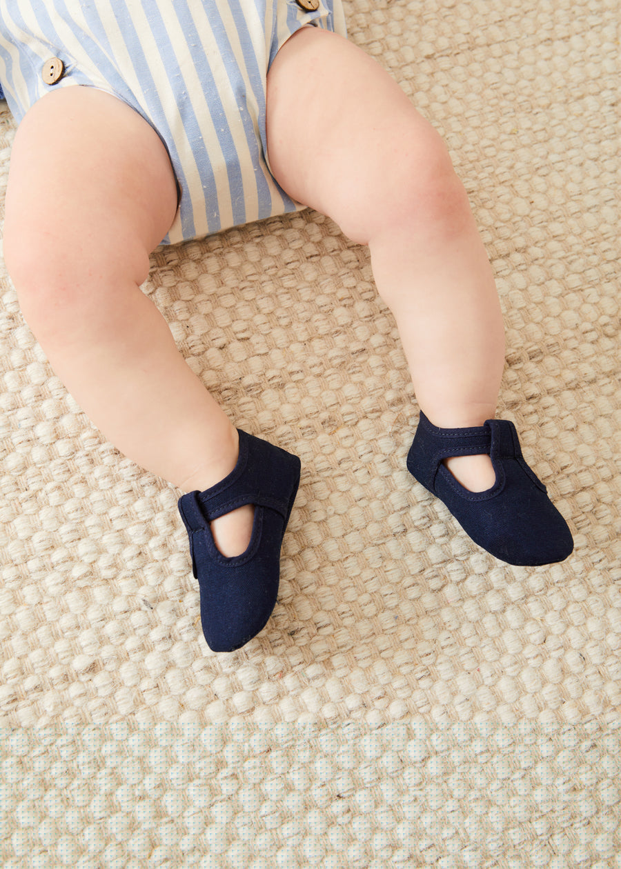Woven T-Bar Pram Shoes in Navy (17-20EU) Shoes  from Pepa London