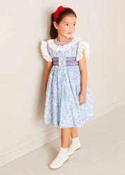 Charlotte Floral Hand Smocked Sleeveless Dress in Blue (12mths-10yrs) DRESSES from Pepa London