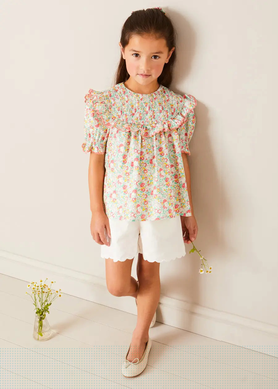 Clementine Floral Smock Detail Short Sleeve Blouse in Coral (2-12yrs) Blouses from Pepa London