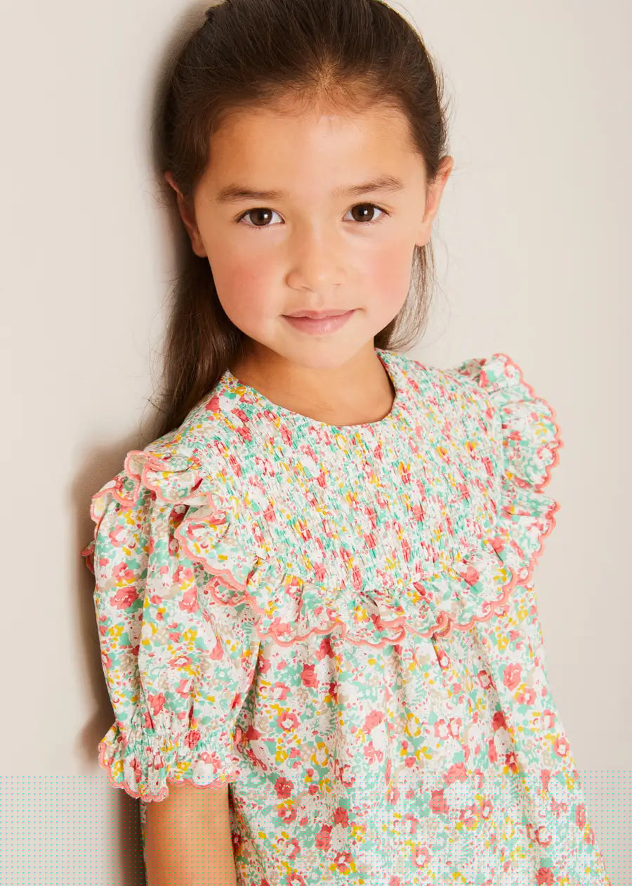 Clementine Floral Smock Detail Short Sleeve Blouse in Coral (2-12yrs) Blouses from Pepa London