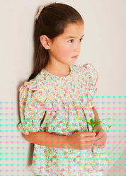 Clementine Floral Smock Detail Short Sleeve Blouse in Coral (2-12yrs) Blouses from Pepa London