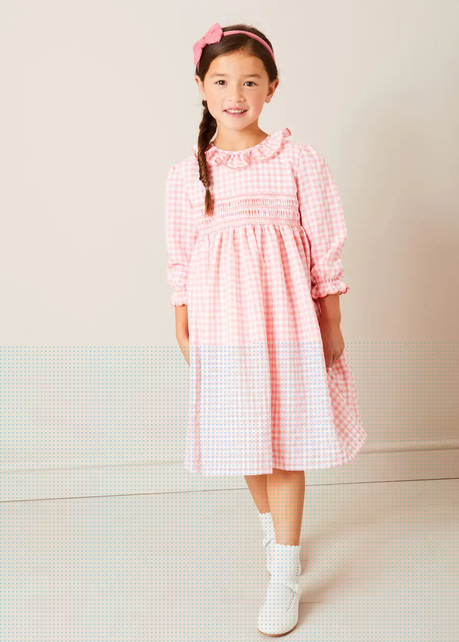 Gingham Smocked Ruffle Collar Long Sleeve Dress in Coral (12mths-10yrs) DRESSES from Pepa London