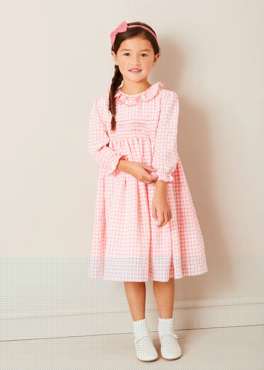 Gingham Smocked Ruffle Collar Long Sleeve Dress in Coral (12mths-10yrs) DRESSES from Pepa London