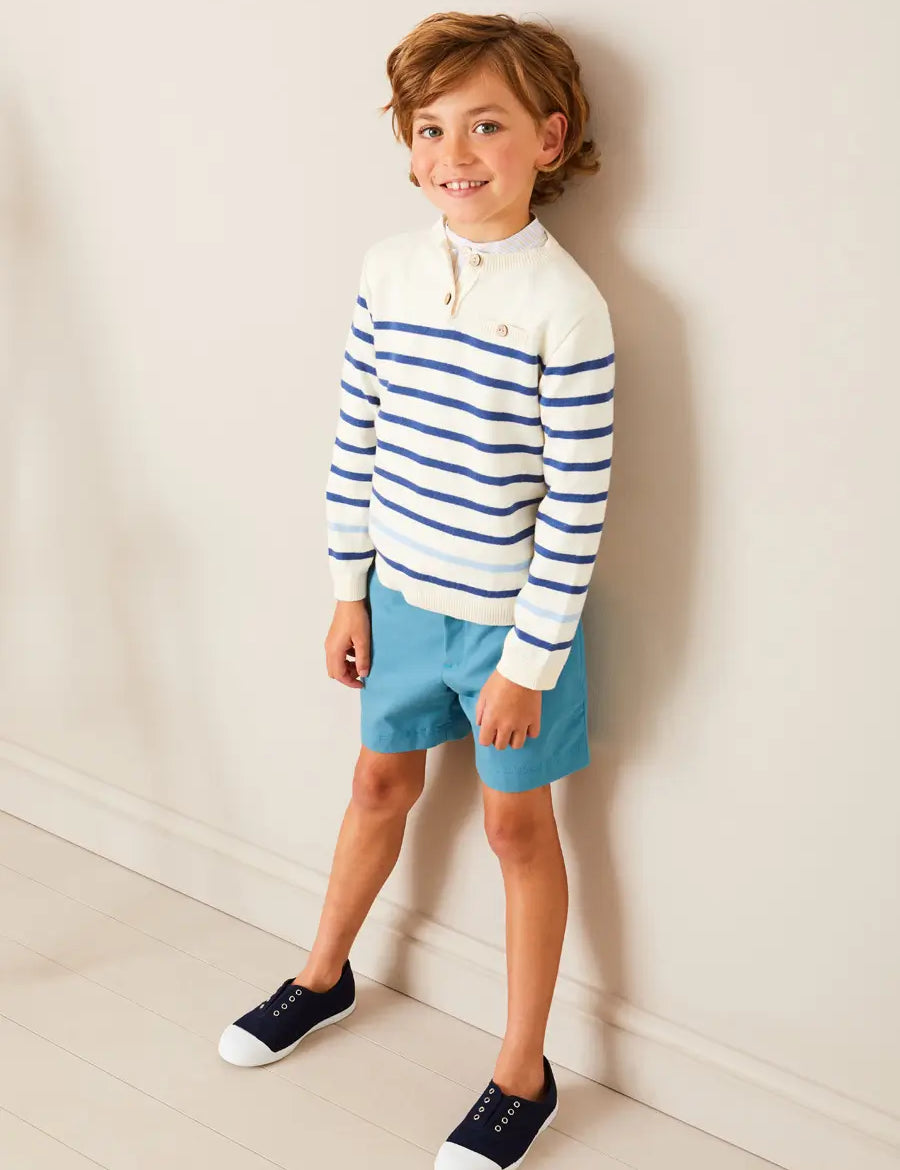 Striped Crewneck Button Detail Jumper in Blue (12mths-10yrs) Knitwear from Pepa London