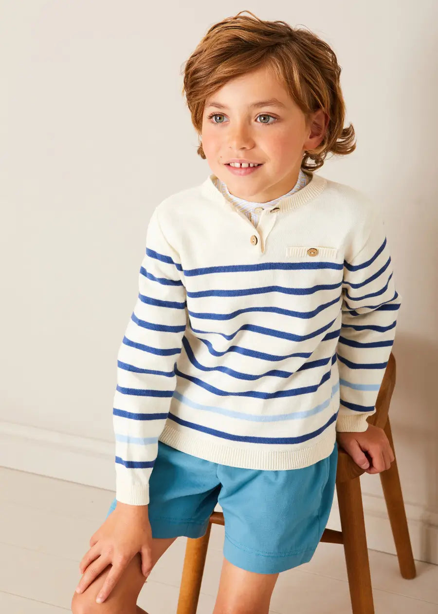 Striped Crewneck Button Detail Jumper in Blue (12mths-10yrs) Knitwear from Pepa London