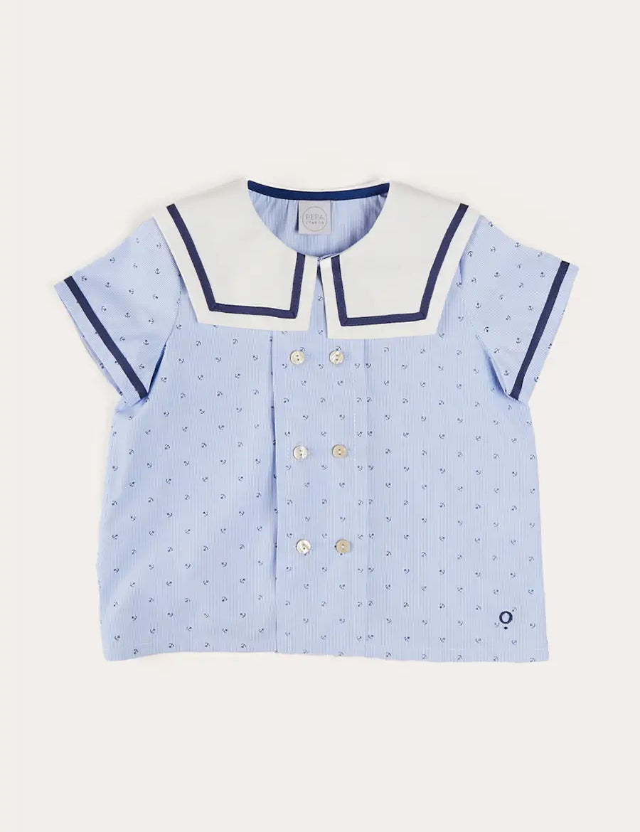 Lyall Stripe Anchor Motif Mariner Collar Short Sleeve Shirt in Blue (12mths-6yrs) SHIRTS from Pepa London