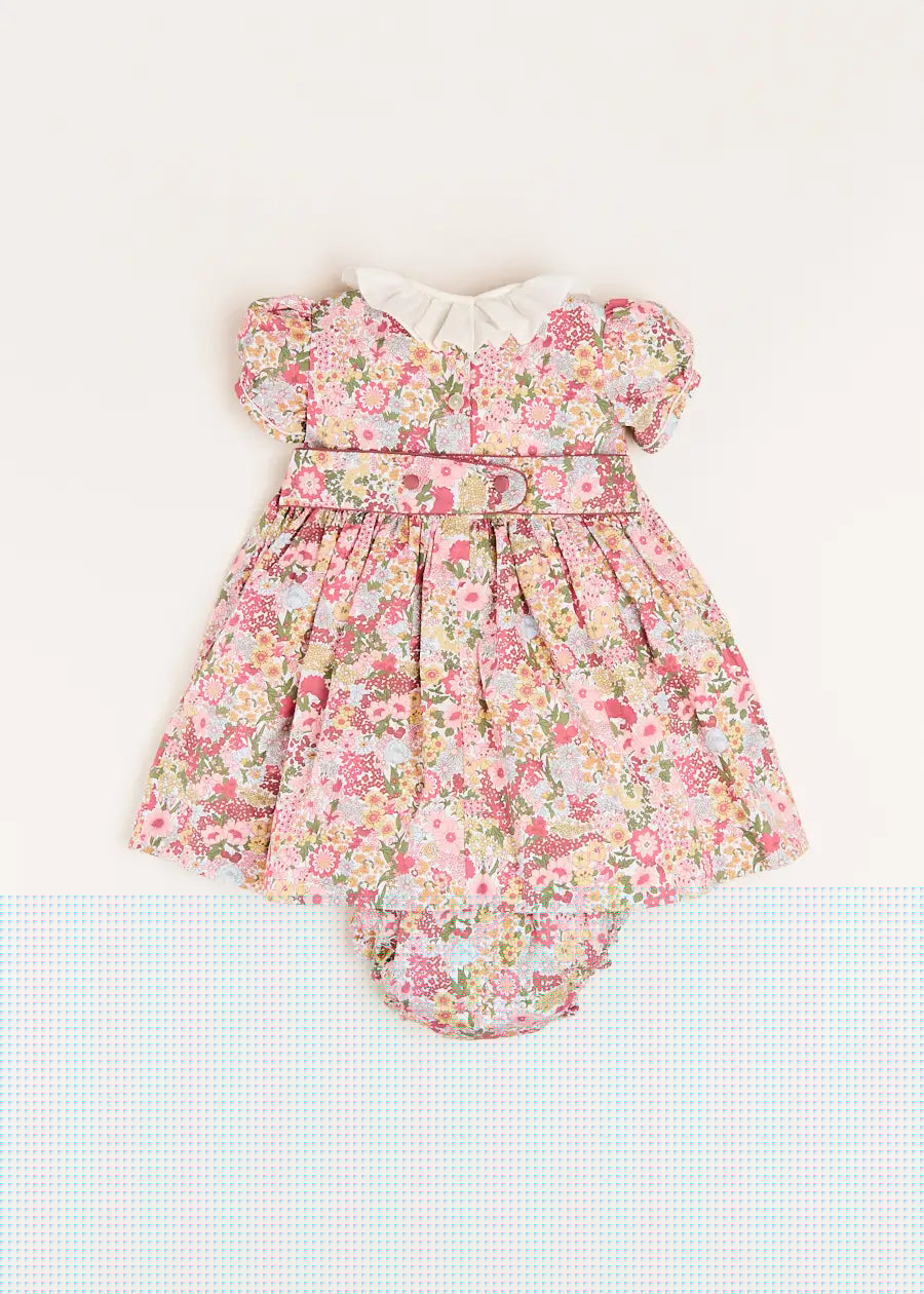 Florence Floral Hand Smocked Short Sleeve Dress with Bloomer in Pink (6mths-3yrs) DRESSES from Pepa London