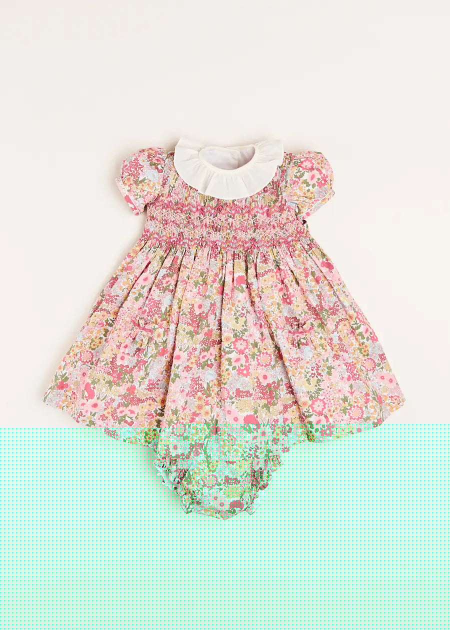 Florence Floral Hand Smocked Short Sleeve Dress with Bloomer in Pink (6mths-3yrs) DRESSES from Pepa London