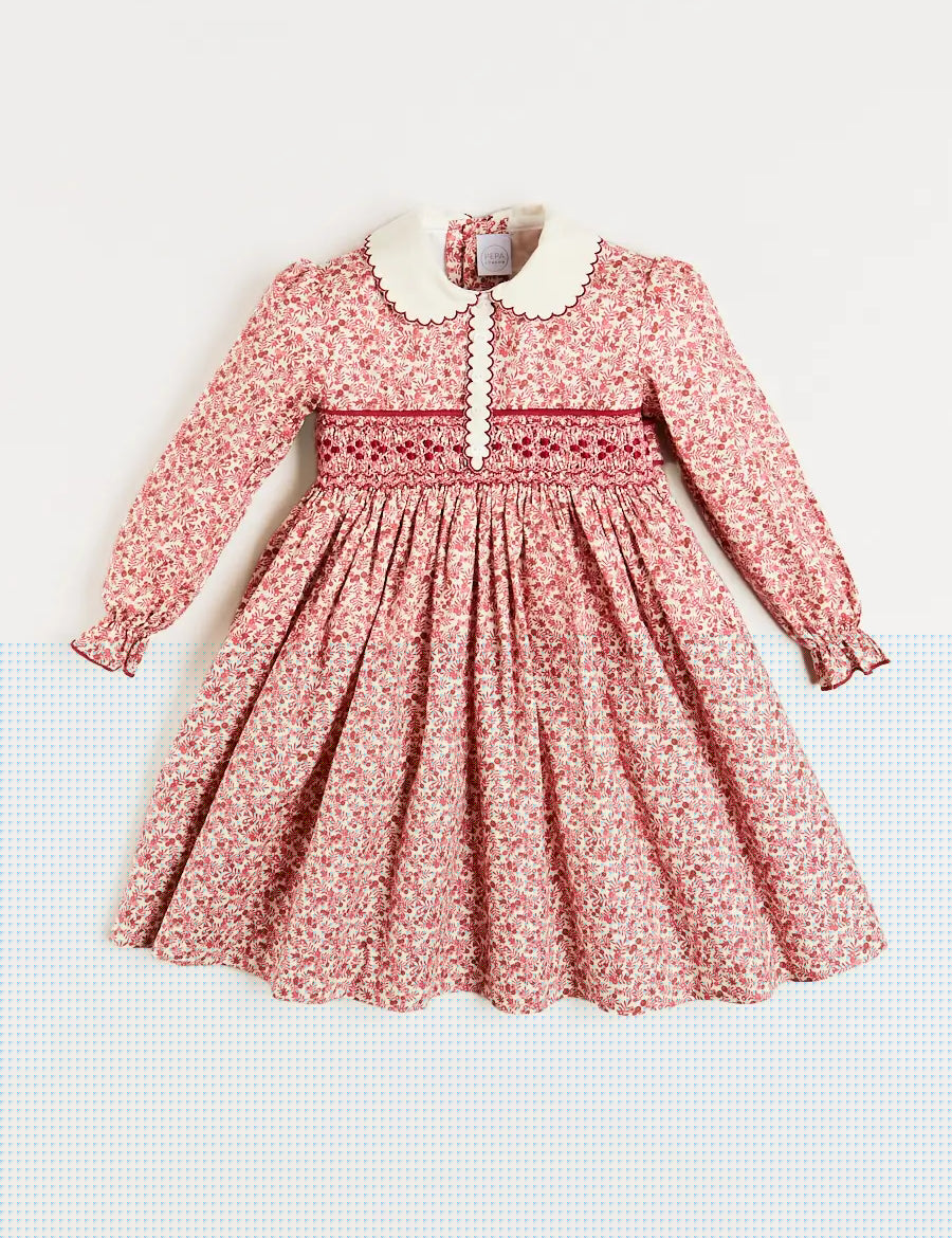 Evelyn Floral Hand Smocked Long Sleeve Dress in Pink (12mths-6yrs) Dresses  from Pepa London