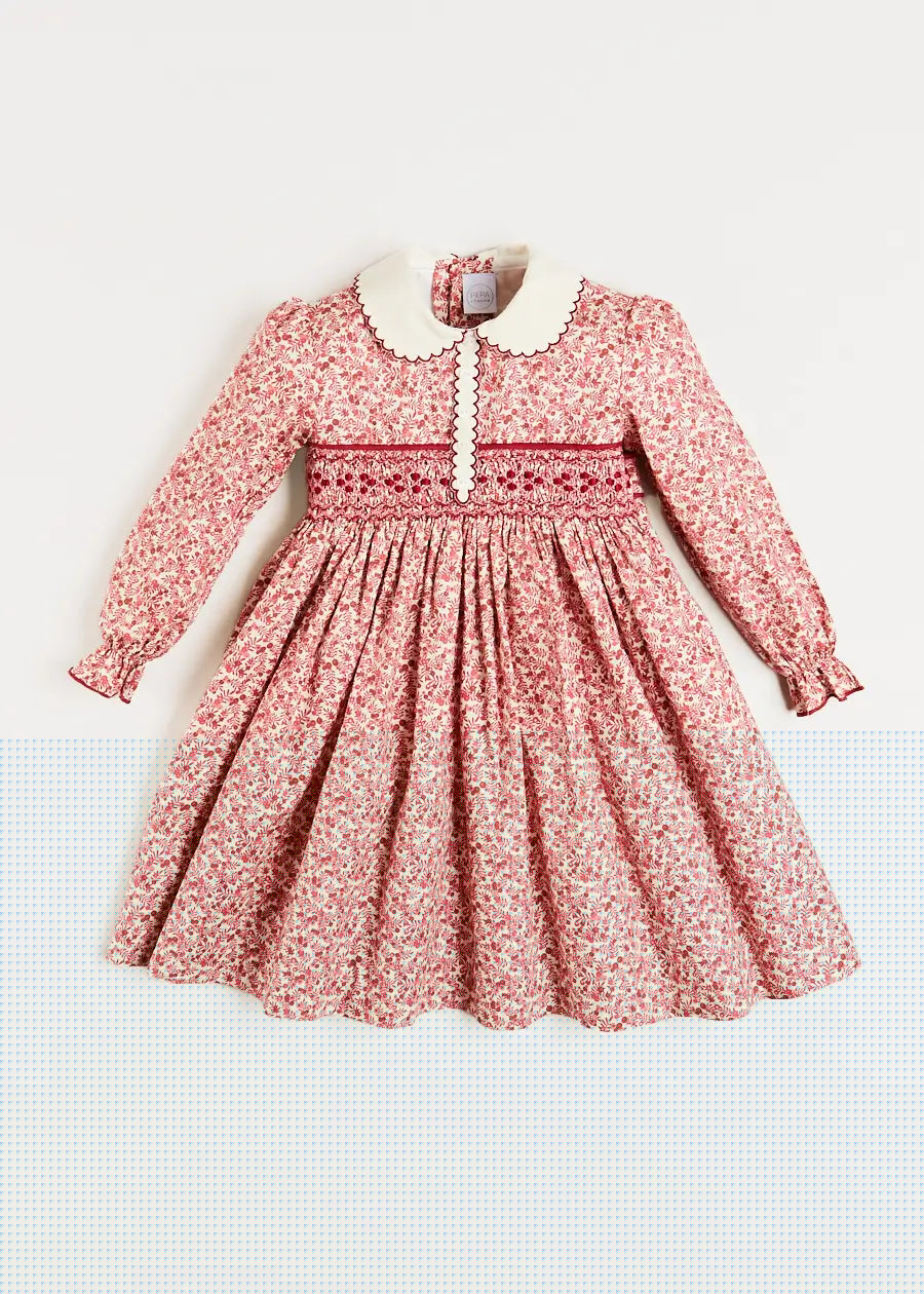 Evelyn Floral Hand Smocked Long Sleeve Dress in Pink (12mths-6yrs) Dresses  from Pepa London
