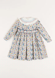 Emilia Floral Hand Smocked Long Sleeve Dress in Burgundy (12mths-10yrs) Dresses  from Pepa London