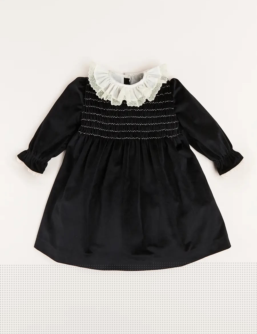 Velvet Smocked Lace Collar Long Sleeve Dress in Black (2-10yrs) Dresses  from Pepa London