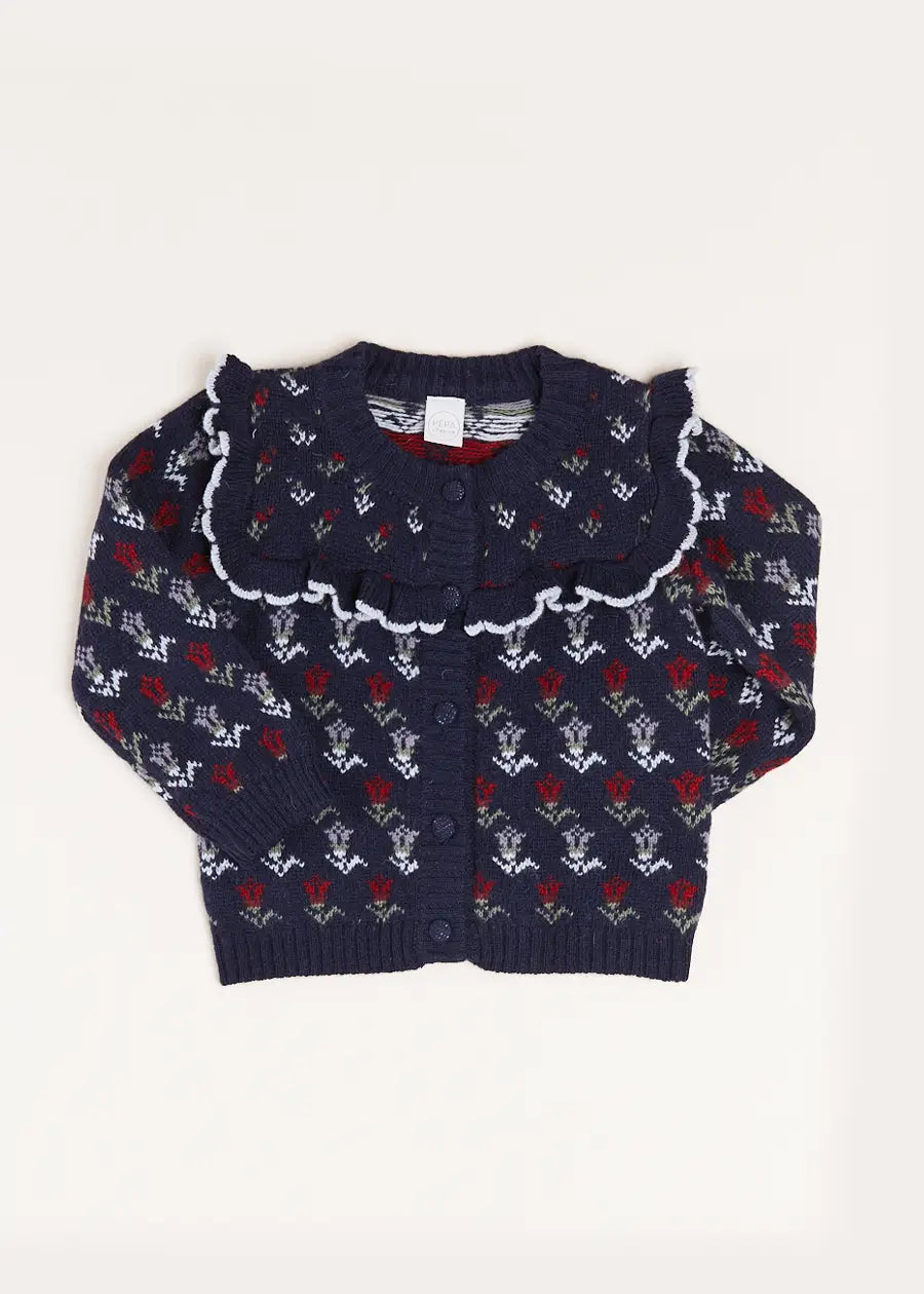 Floral Ruffle Bib Cardigan in Blue (2-10yrs) Knitwear from Pepa London
