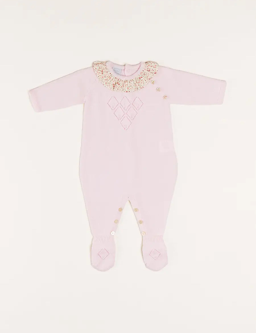 Ophelia Floral Ruffle Collar Knitted All-In-One in Pink (1-6mths) Baby One-Pieces  from Pepa London
